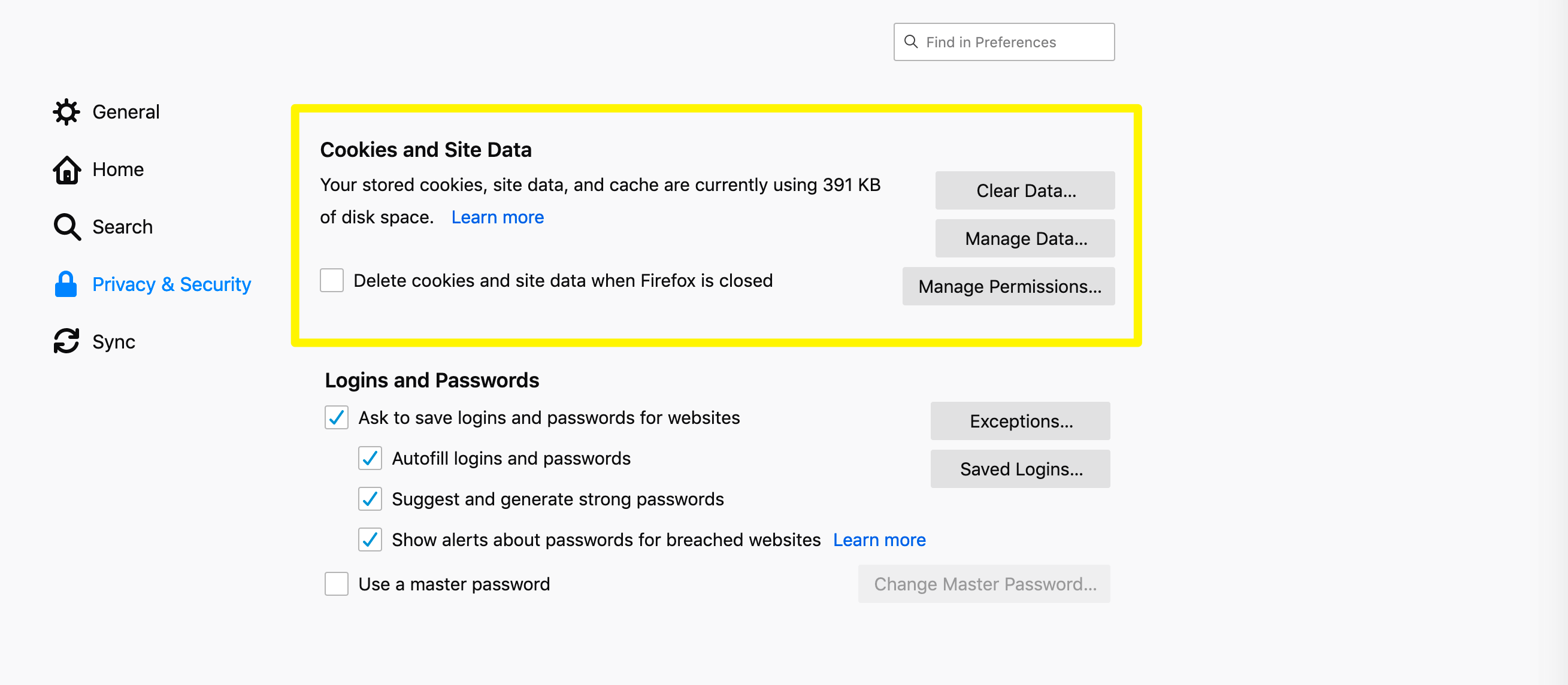 Firefox browsing data settings.