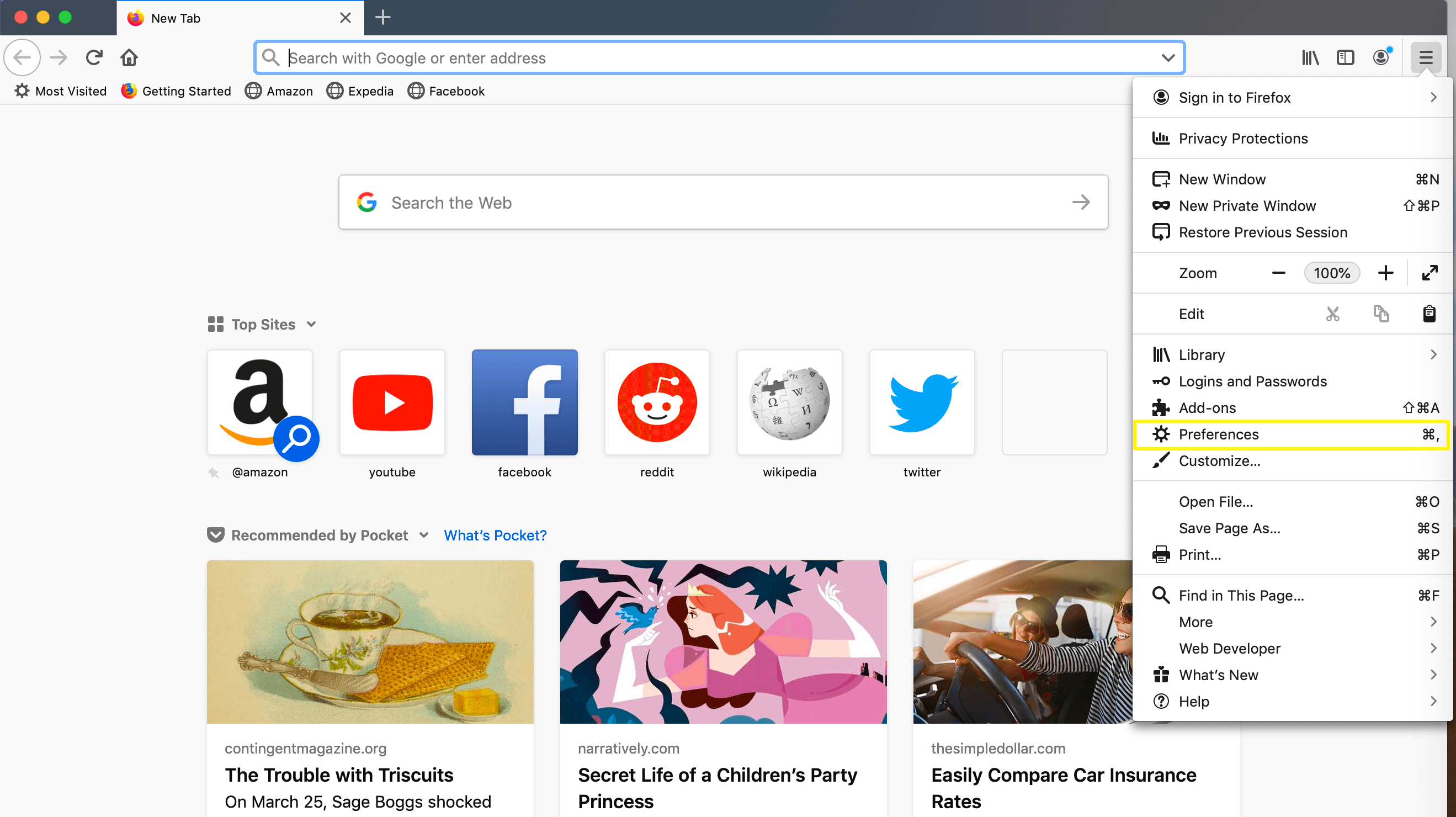 Accessing Firefox browser preferences.