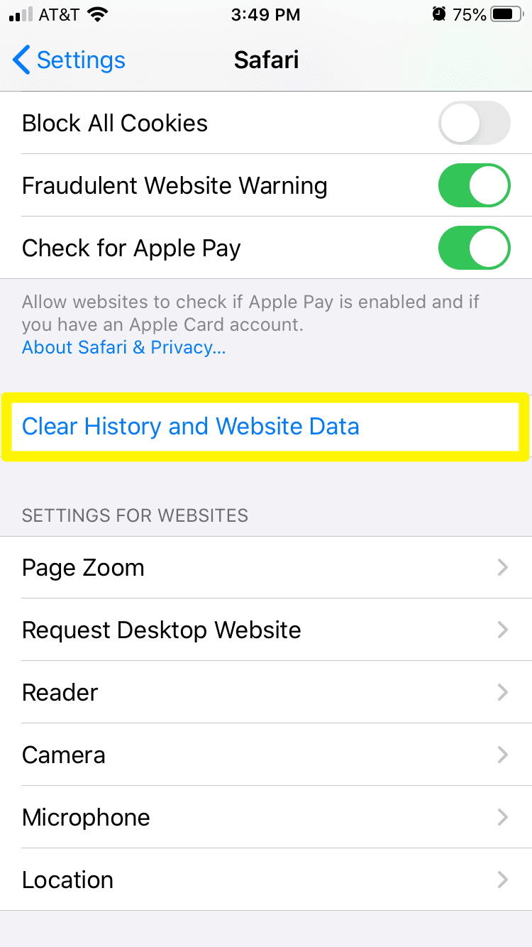 The Clear History and Browsing Data option in Safari's mobile settings.