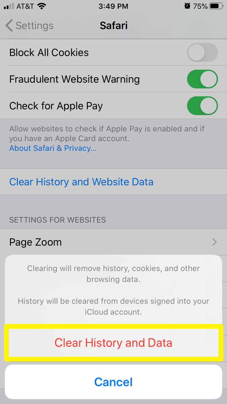 Confirmation to clear browser cache in Safari on an iPhone.