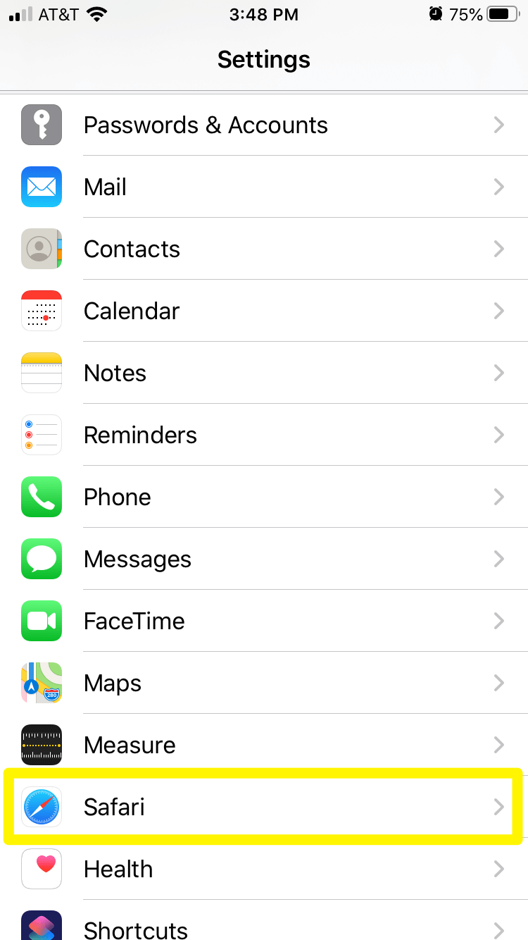 Opening Safari's settings on an iPhone.