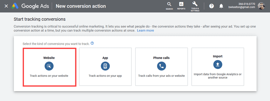 google ads website conversion
