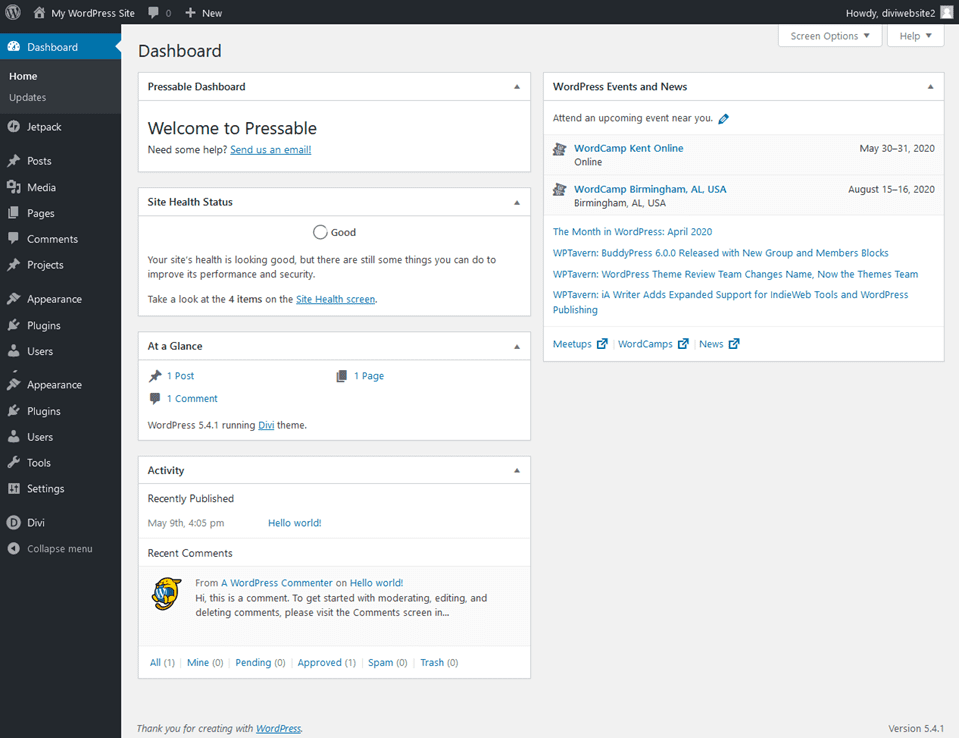 pressable wp admin dashboard