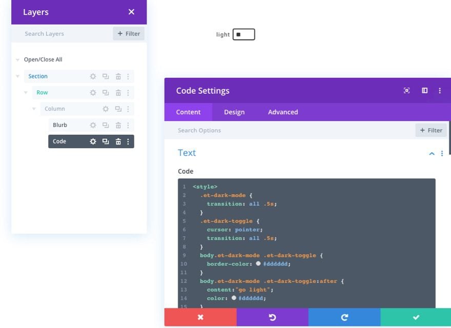 dark mode toggle in divi