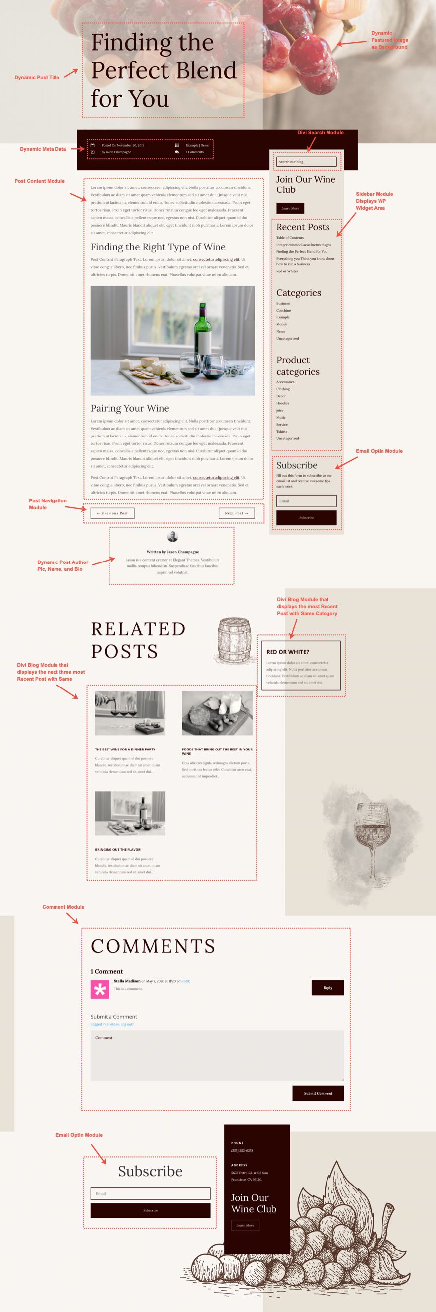 divi winery blog post template