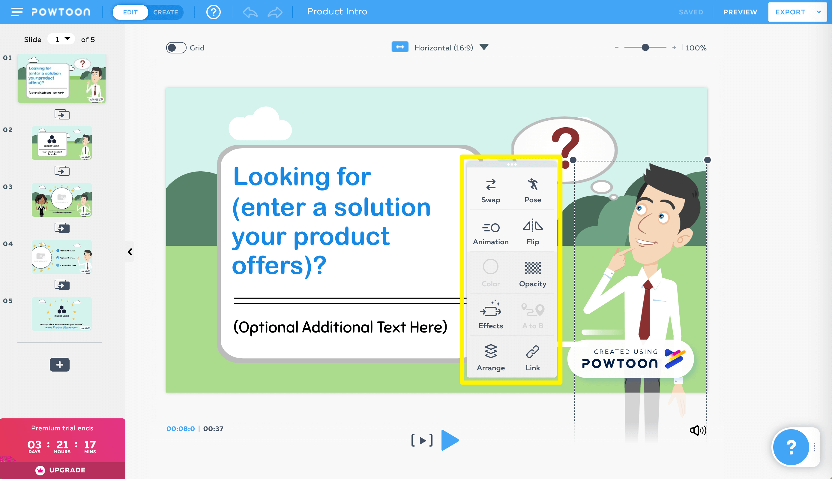 The Powtoon character toolbar options.