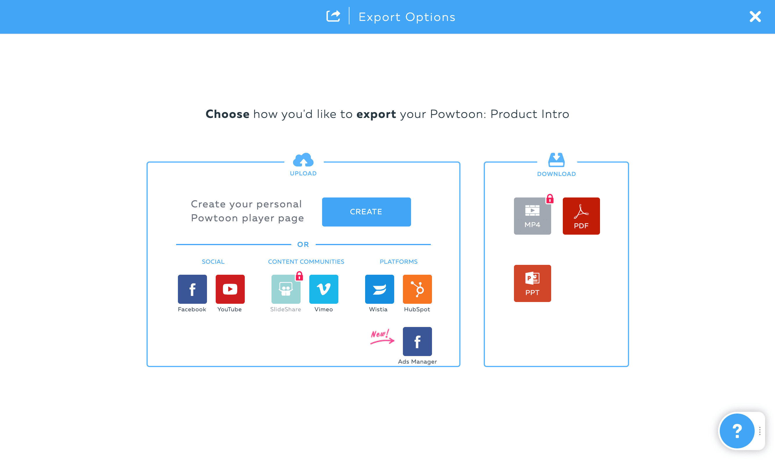 The Powtoon export options.