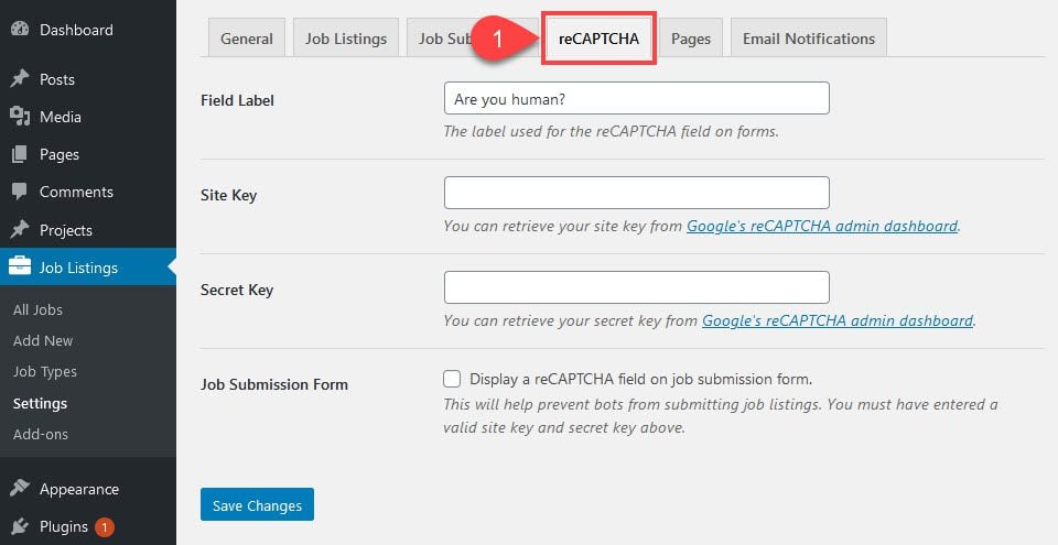 how to create a job board and add re CAPTCHA