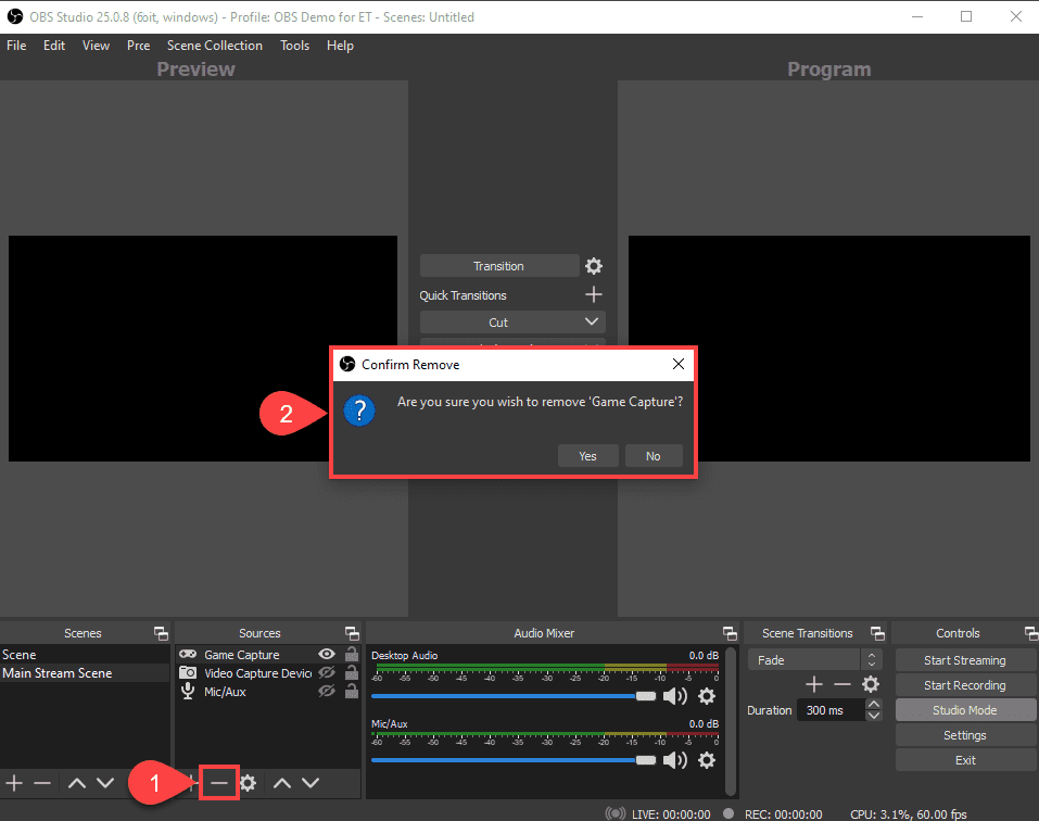 remove source in obs studio