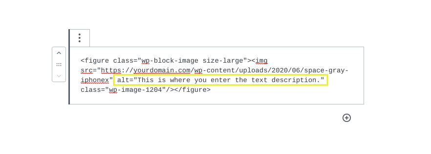 The HTML code of an image tag in WordPress.