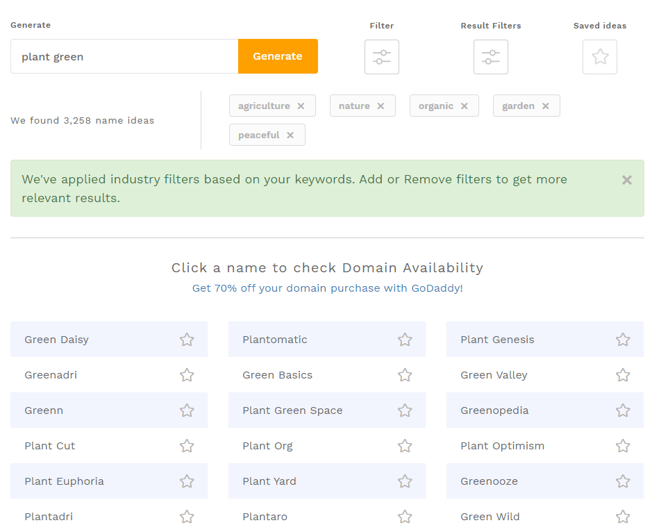 Business Name Generator's results screen.