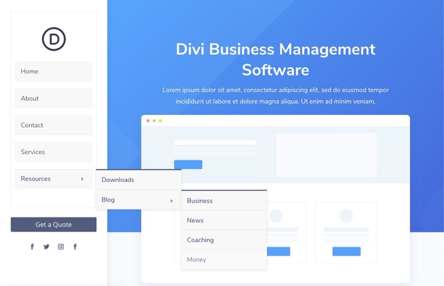 divi vertical navigation menu and header