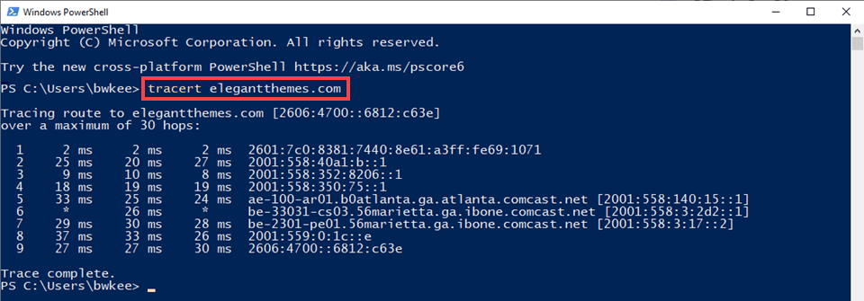 traceroute window in powershell