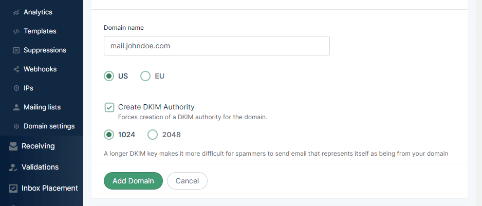 Choosing what domain to add to Mailgun.
