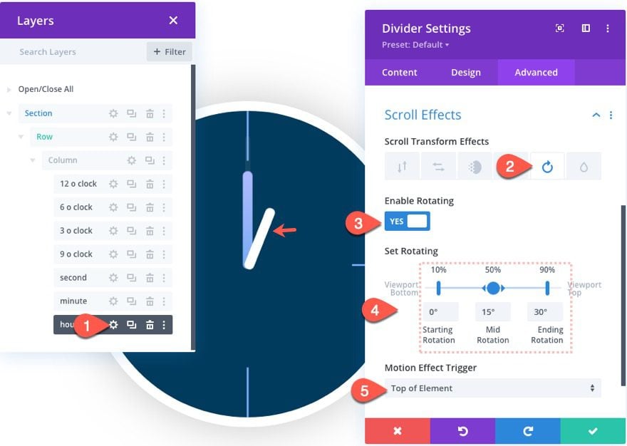 divi animated clock scroll effect