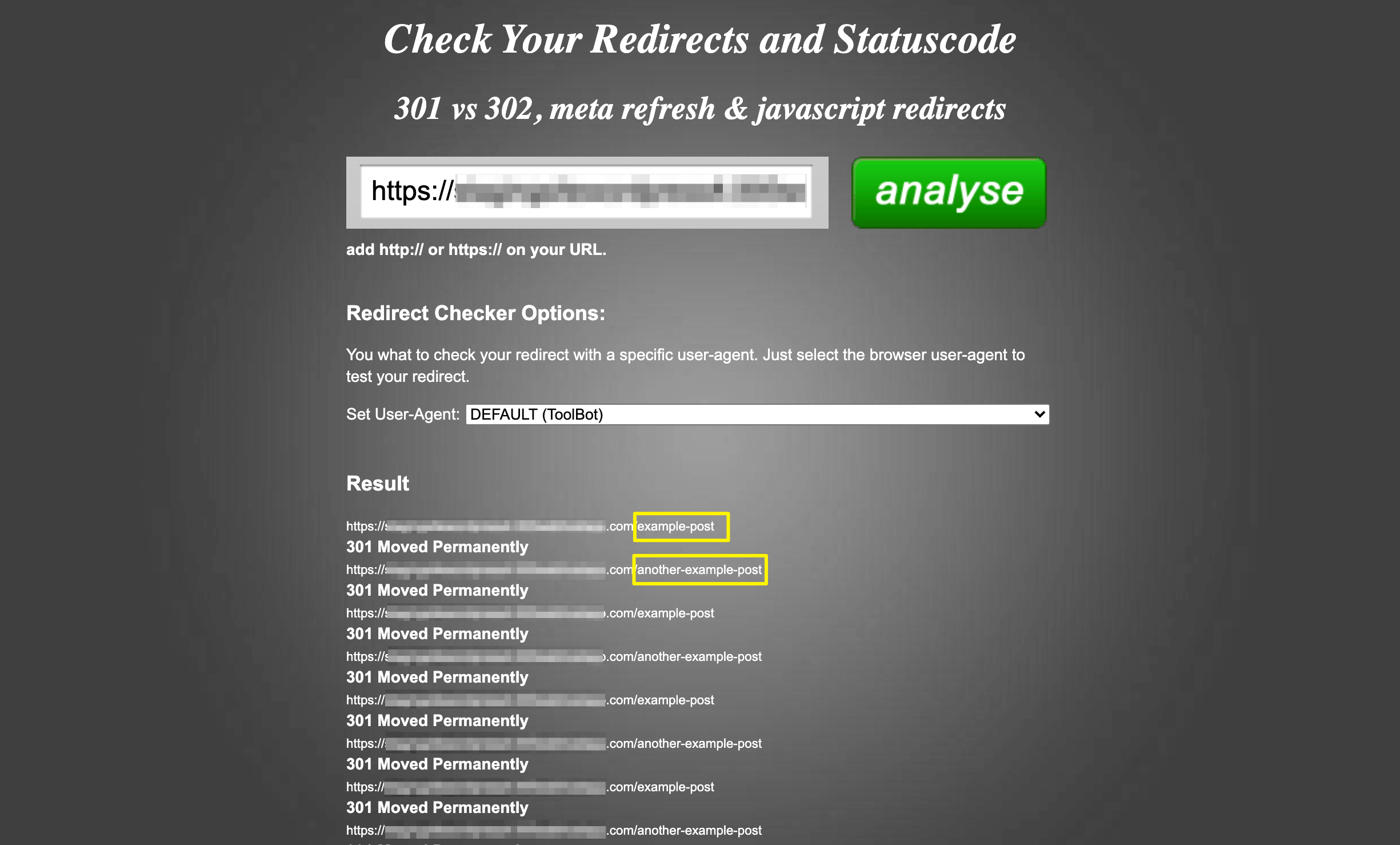 The Redirect Checker showing a redirect loop.