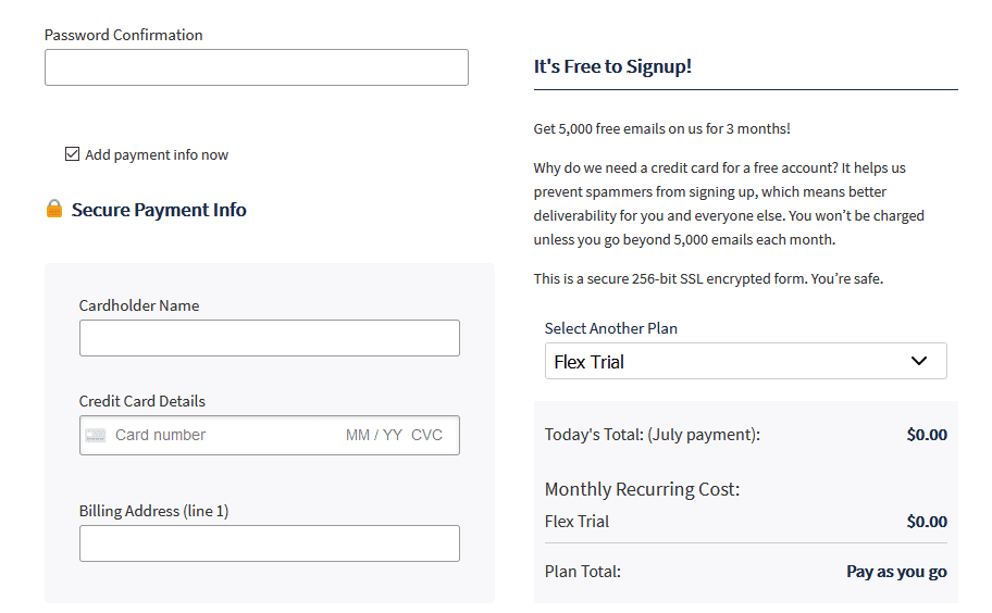 Adding your payment information for Mailgun.