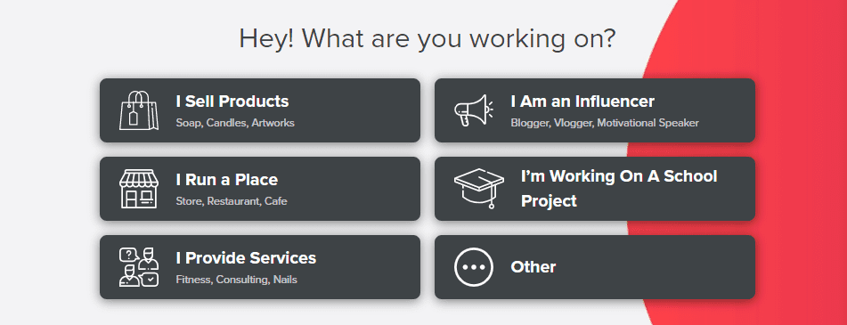 Selecting your business type.