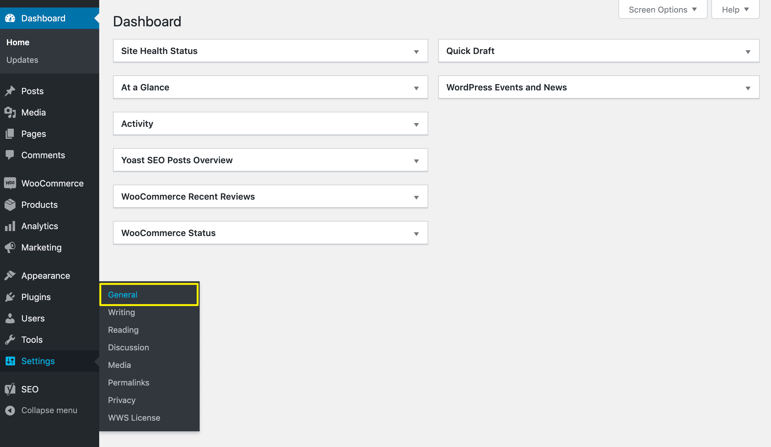 Accessing WordPress' General settings.