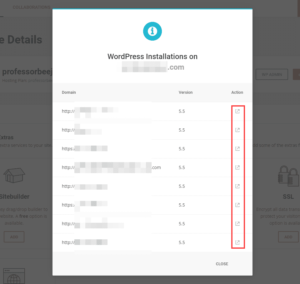 list of wordpress sites on siteground admin