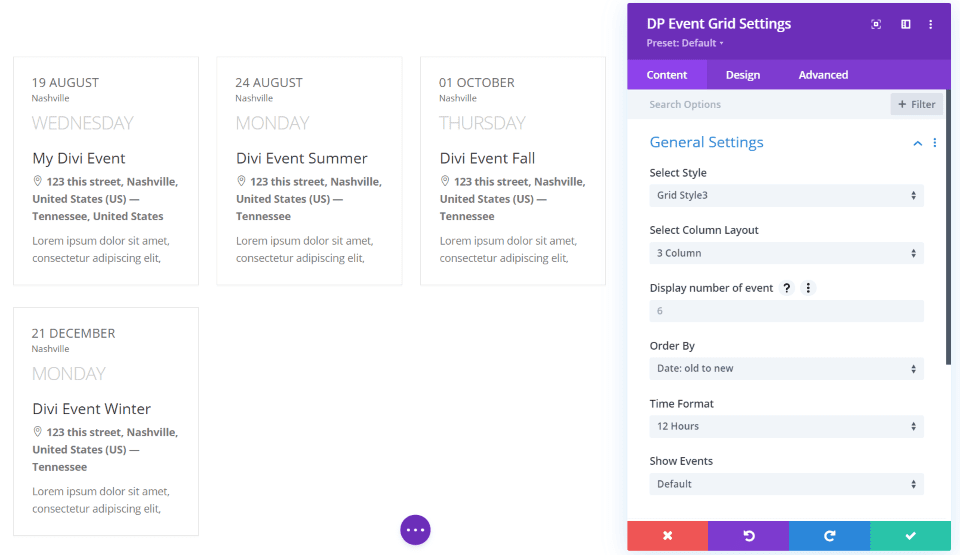 Divi Event Grid