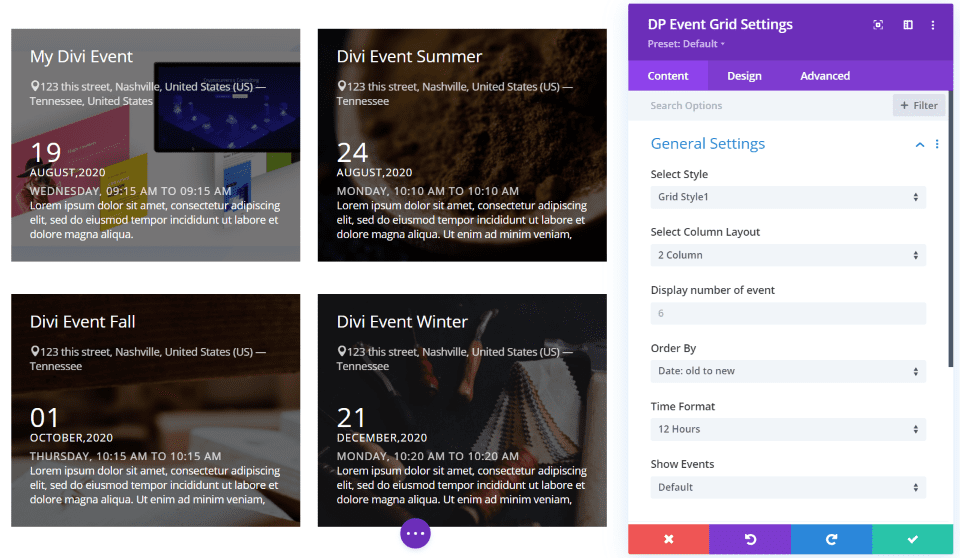 Divi Event Grid