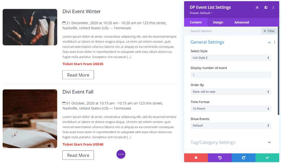 Divi Event List