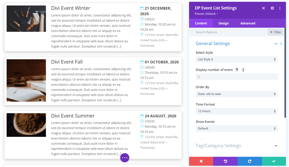 Divi Event List