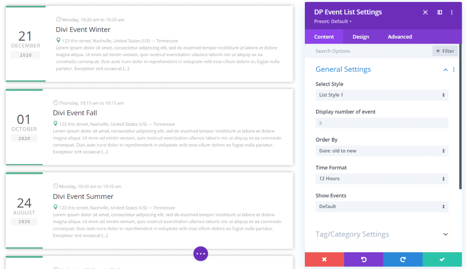 Divi Event List