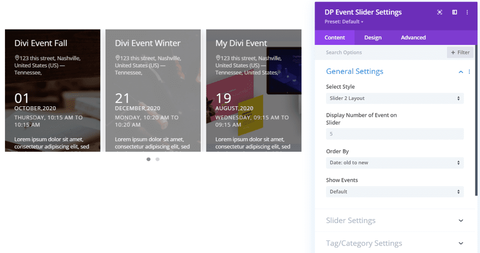 Divi Event Slider
