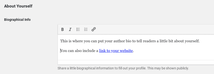 The author bio section in WordPress user profile settings.