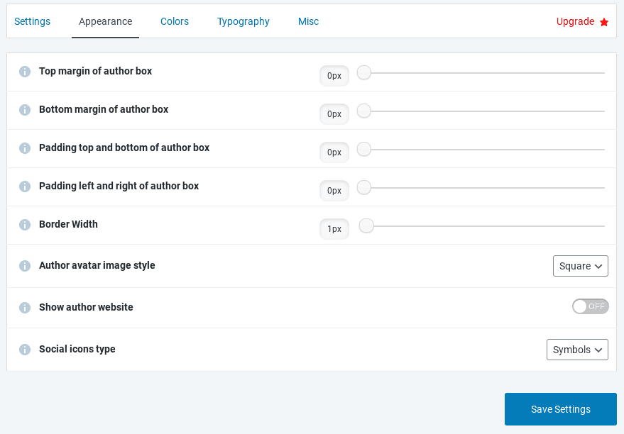 The appearance settings for a WordPress author box.