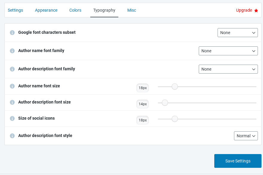 WordPress author box typography settings.