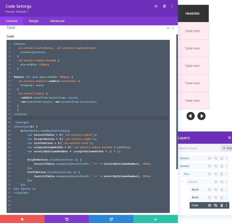 divi table with horizontal scroll