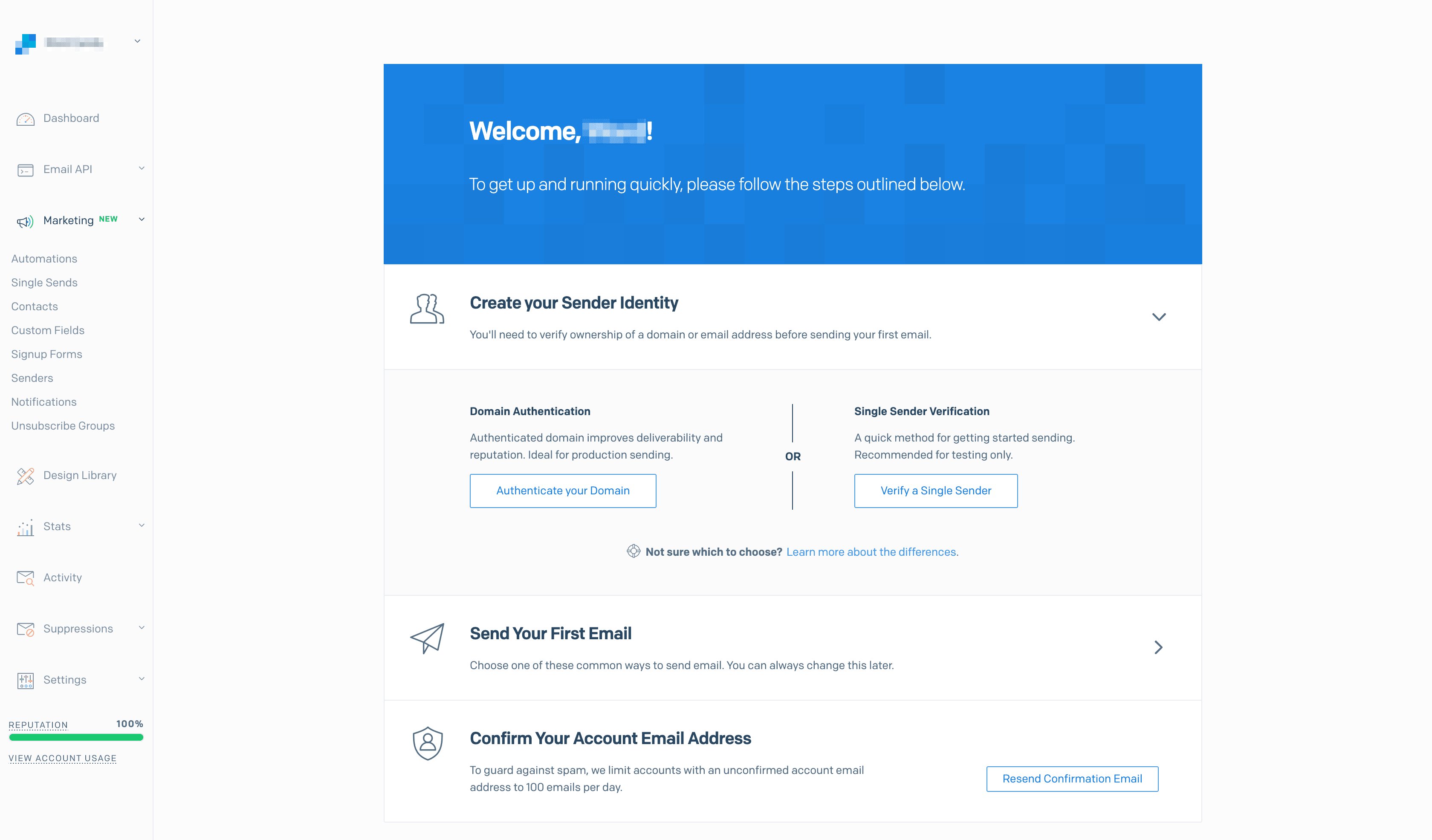 SendGrid's initial interface.