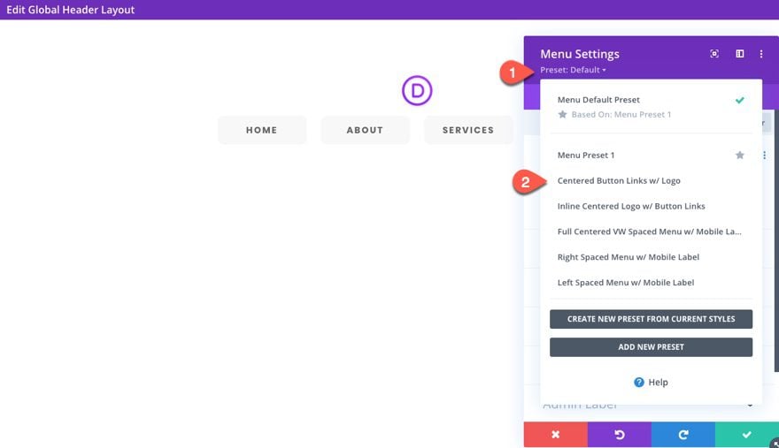 divi menu module global presets