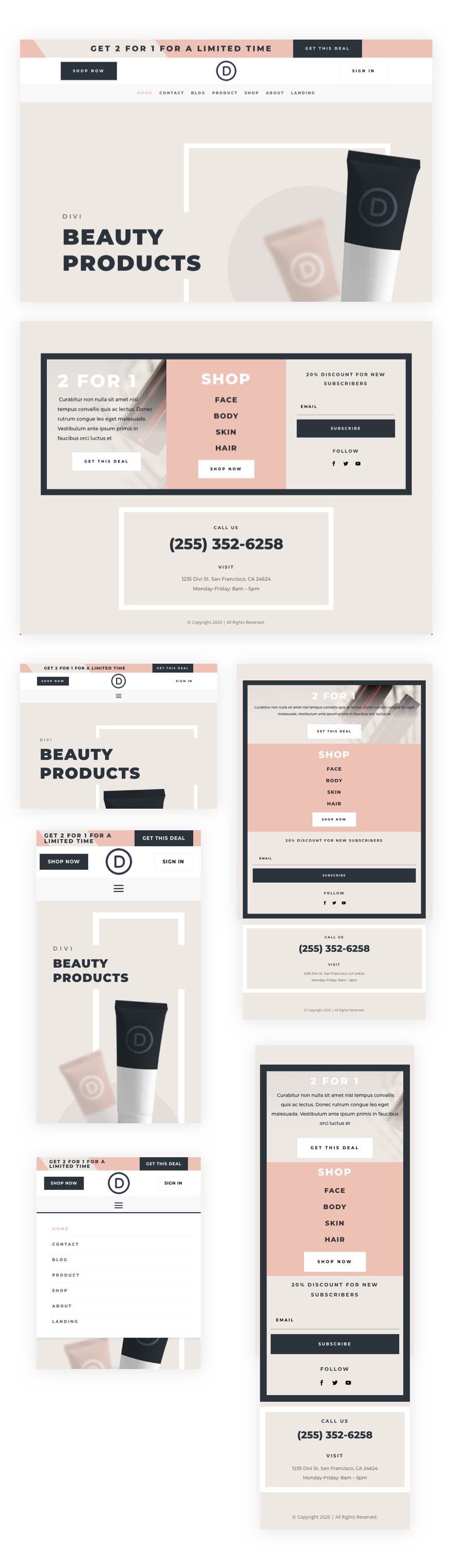 divi beauty product header footer template