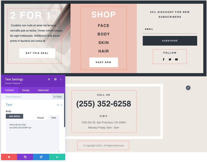 divi beauty product header footer template