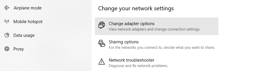 The Windows change adapter options setting.