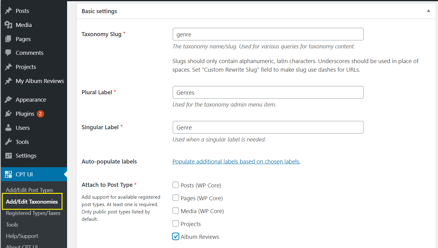 Adding custom taxonomies to a custom post type.