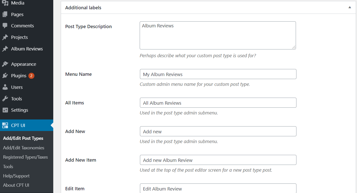 Specifying the additional labels in Custom Post Type UI.