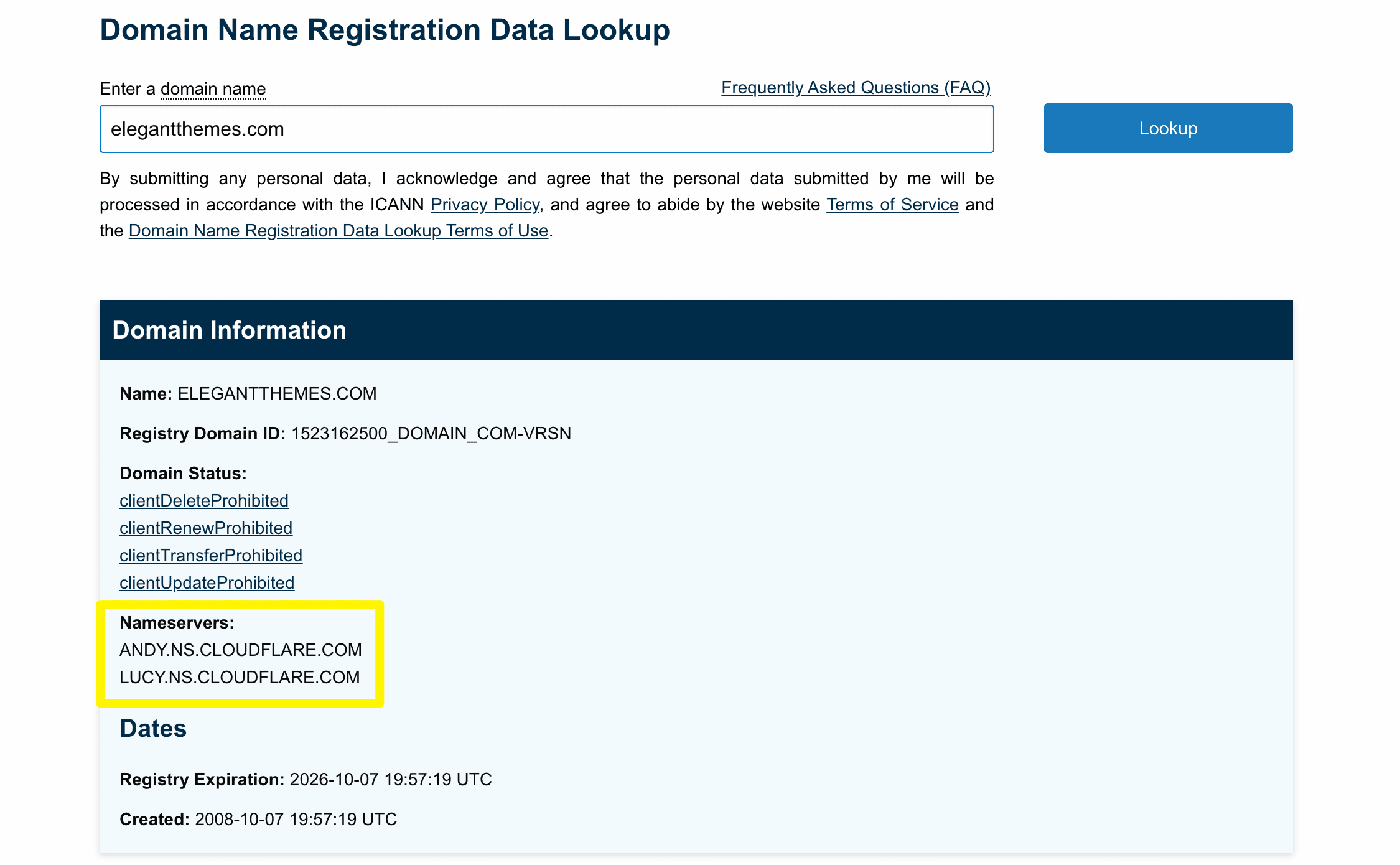 Viewing a site's nameservers using the ICANN lookup tool.