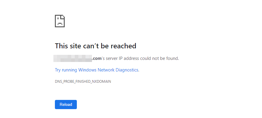 The DNS_PROBE_FINISHED_NXDOMAIN error in Chrome.