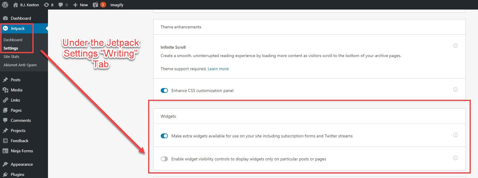 WordPress widget visibility options through Jetpack Writing Tab