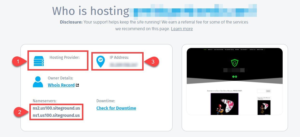 website hosting info missing