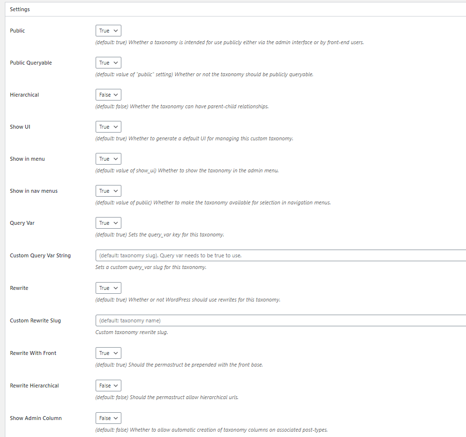 wordpress taxonomy settings