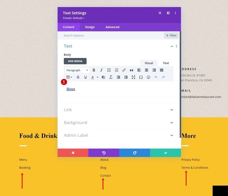 Italian restaurant header footer