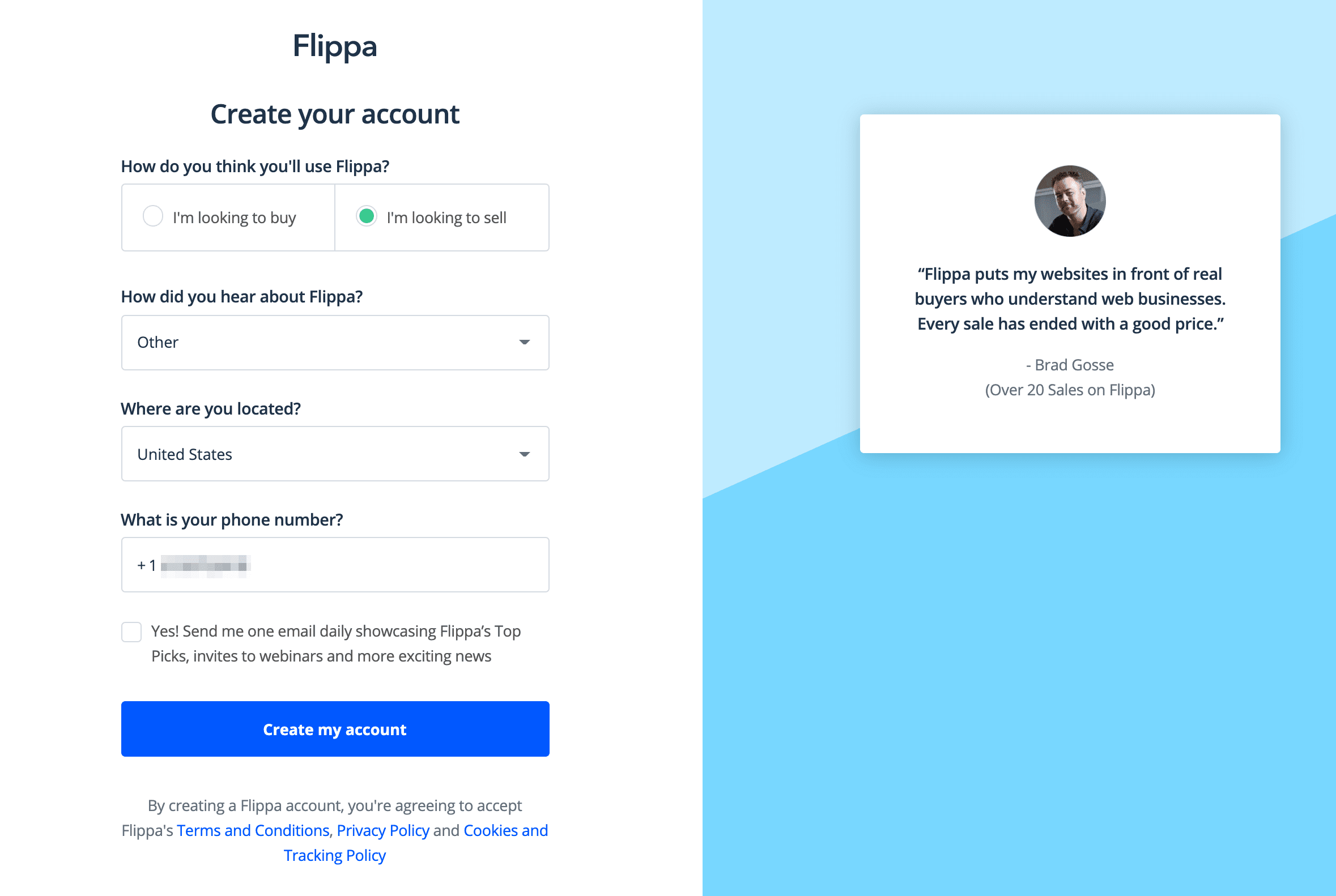 Signing up for a Flippa Seller account.