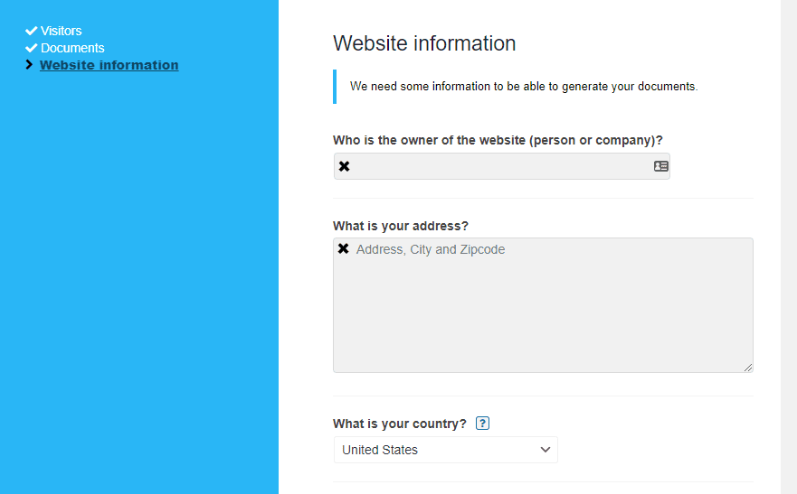 Filling out some basic information about your website.