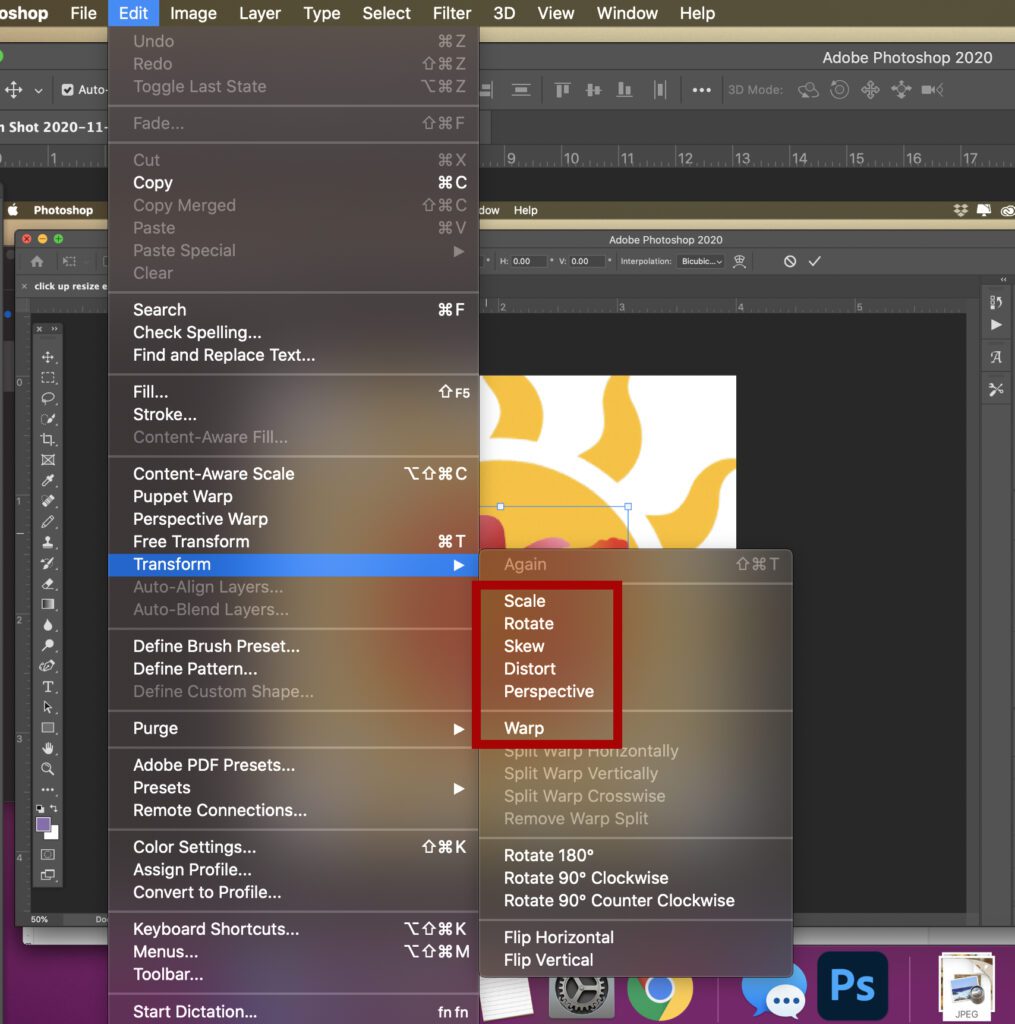 transform sub options in photoshop